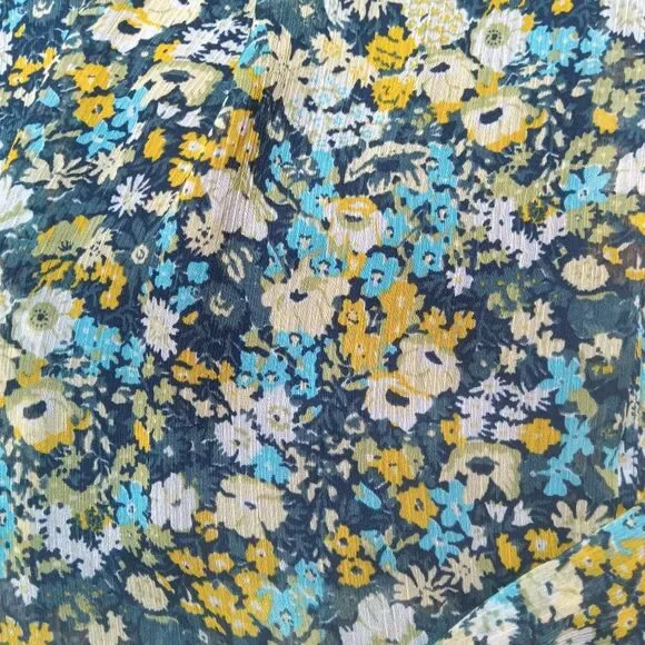 LOFT Floral Midi Shirt Dress Sz XS 0-2 Ruffle Blue Yellow - Picture 8 of 10